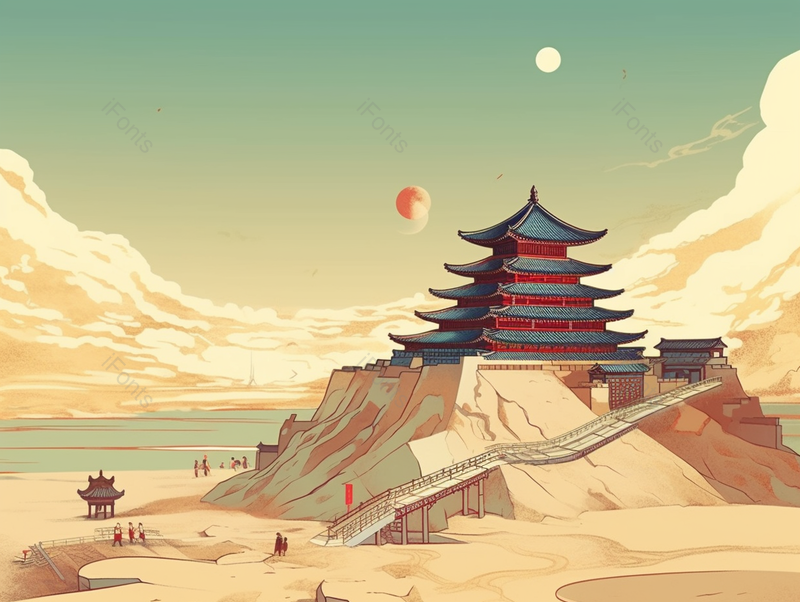 水边敦煌古城西北沙漠中国传统古典主义国潮插画,插画/手绘图,插画/手绘图库,插画/手绘图下载,插画/手绘